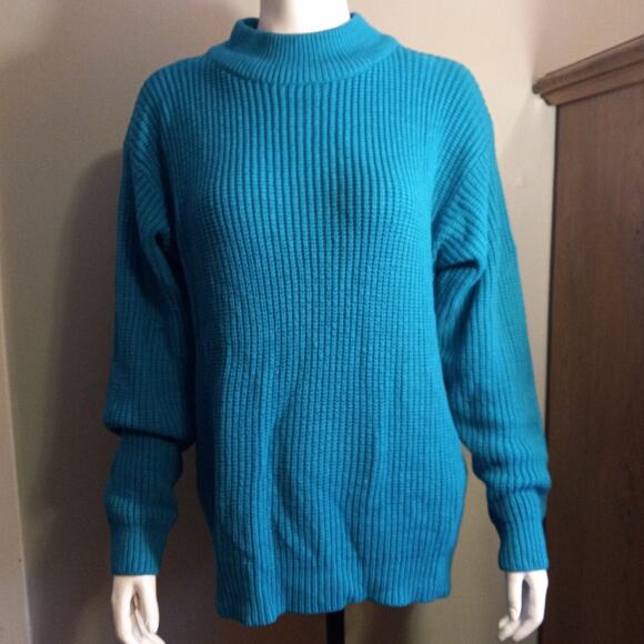 Vntg 80s Turquoise Emerald Green Chunky Knit Sweater Cozy Core Dopamine Dressing - Picture 1 of 10